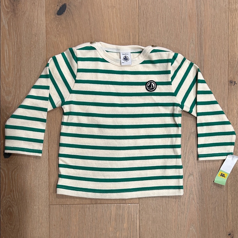 Petit Bateau Cream and Green Striped Long-Sleeve Tee
